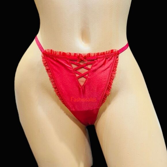 Victorias Secret Dream Angels Soft Satin Ruffle Trim V String  thong Panty Red - Picture 4 of 9